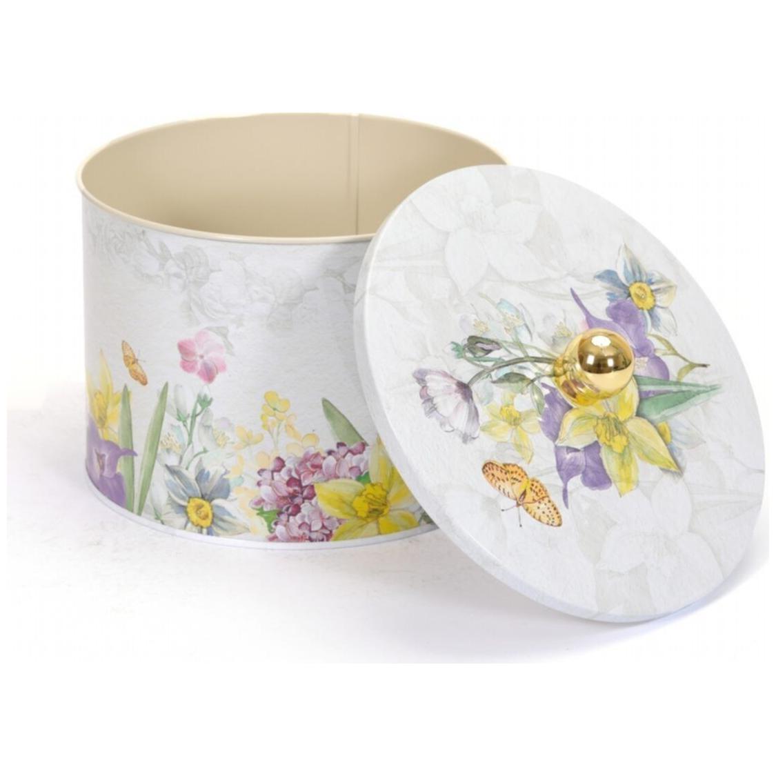 Ø175x130 mm Metal Yuvarlak Saklama Kabı 2.9L Çiçek Desenli Gri, Kulplu — Yuvarlak Kutular — görsel 4 / 4 — Tinbox