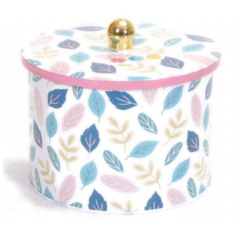 Ø175x130 mm Metal Yuvarlak Saklama Kabı 2.9L Topuzlu Saplı Yaprak Desenli — Yuvarlak Kutular — görsel 2 / 3 — Tinbox