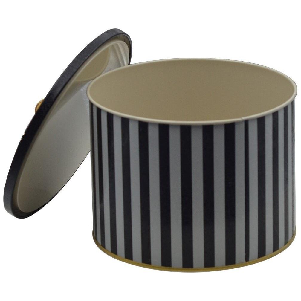 Ø175x130 mm Metal Yuvarlak Saklama Kabı 2,9 L Siyah Beyaz Çizgili Desenli, Kulplu — Yuvarlak Kutular — görsel 3 / 4 — Tinbox