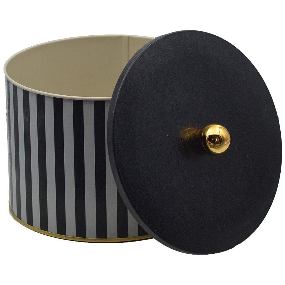 Ø175x130 mm Metal Yuvarlak Saklama Kabı 2,9 L Siyah Beyaz Çizgili Desenli, Kulplu — Yuvarlak Kutular — görsel 4 / 4 — Tinbox