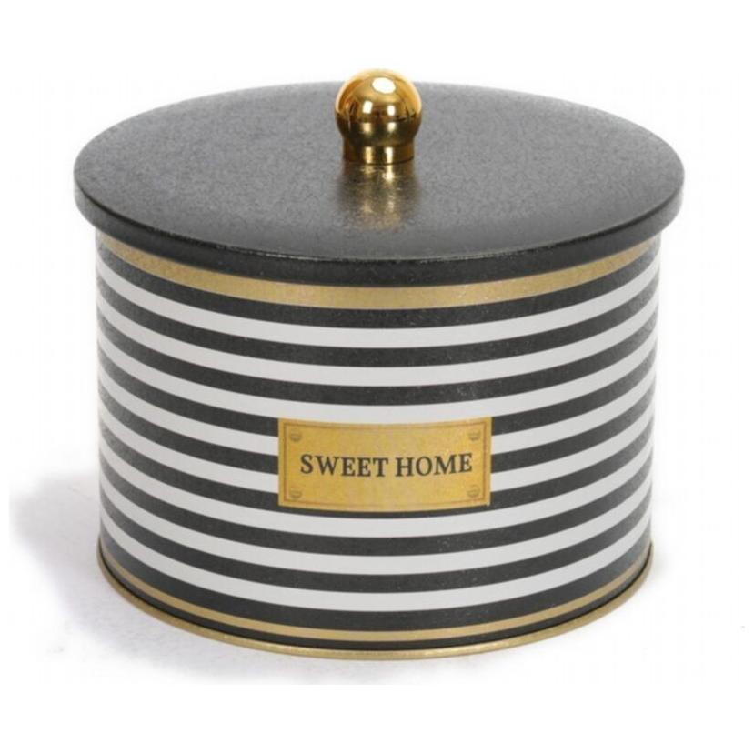 Ø175x130 mm Metal Yuvarlak Saklama Kabı 2.9L Düğmeli Kulp Siyah Beyaz Çizgili Sweet Home — Yuvarlak Kutular — Tinbox