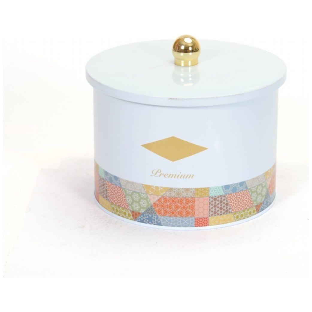 Ø175x130 mm Metal Round Canister 2.9L Knob Handle Patchwork Pattern Blue Background — Round Boxes — Tinbox