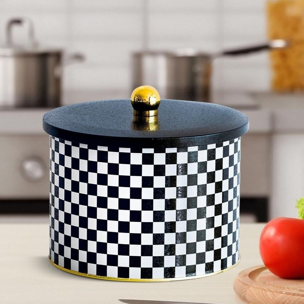 Ø175x130 mm Metal Yuvarlak Saklama Kabı 2.9L Düğmeli Kulplu Kareli Desenli — Yuvarlak Kutular — görsel 2 / 2 — Tinbox