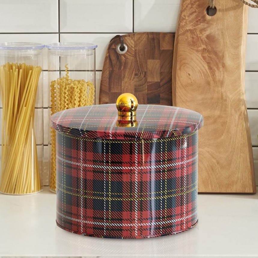 Ø175x130 mm Metal Yuvarlak Kutu 2.9L Topuzlu Saplı Ekose (Ekose) — Yuvarlak Kutular — görsel 2 / 2 — Tinbox