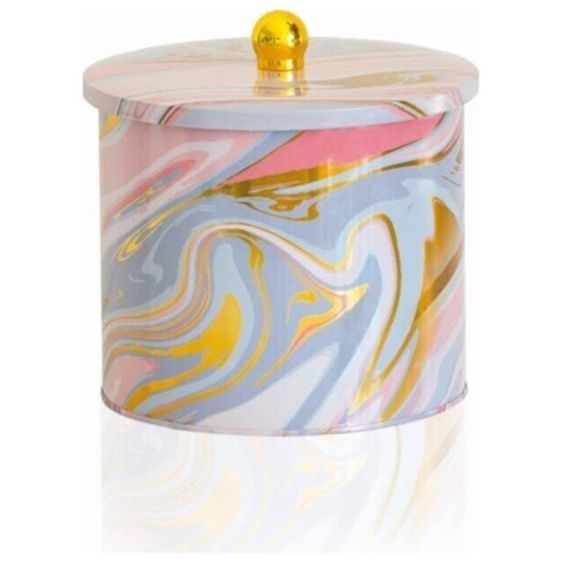 Ø175x155 mm Metal Yuvarlak Saklama Kabı Kulpu 3.5L Pembe ve Altın Mermer Dokulu — Yuvarlak Kutular — Tinbox