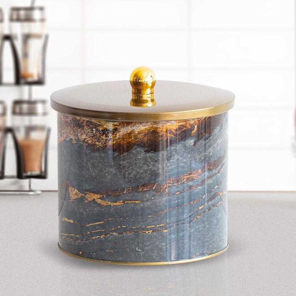 Ø175x155 mm Metal Round Canister Knob Handle 3.5L Rock and Gold — Round Boxes — Tinbox