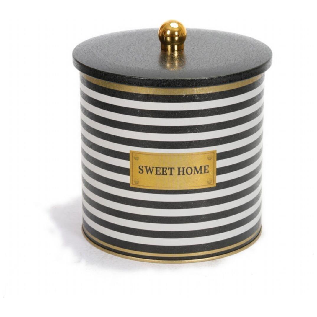 Ø175x180 mm Metal Yuvarlak Saklama Kabı 4.1L Düğmeli Kulp Siyah Beyaz Çizgili Sweet Home — Yuvarlak Kutular — Tinbox