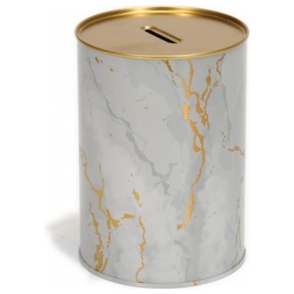 Yuvarlak Metal Kumbara – Ø105x150 mm, 1.1L Mermer Beyaz Altın — Mısır Kovası — görsel 2 / 4 — Tinbox