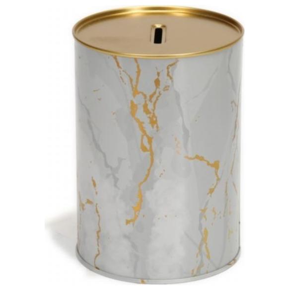 Yuvarlak Metal Kumbara – Ø105x150 mm, 1.1L Mermer Beyaz Altın — Mısır Kovası — görsel 3 / 4 — Tinbox