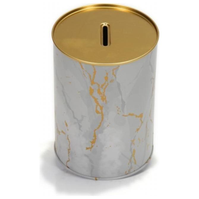 Yuvarlak Metal Kumbara – Ø105x150 mm, 1.1L Mermer Beyaz Altın — Mısır Kovası — görsel 4 / 4 — Tinbox