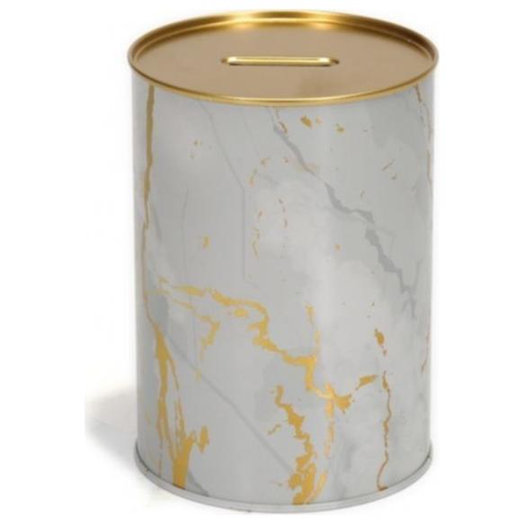 Yuvarlak Metal Kumbara – Ø105x150 mm, 1.1L Mermer Beyaz Altın — Mısır Kovası — Tinbox