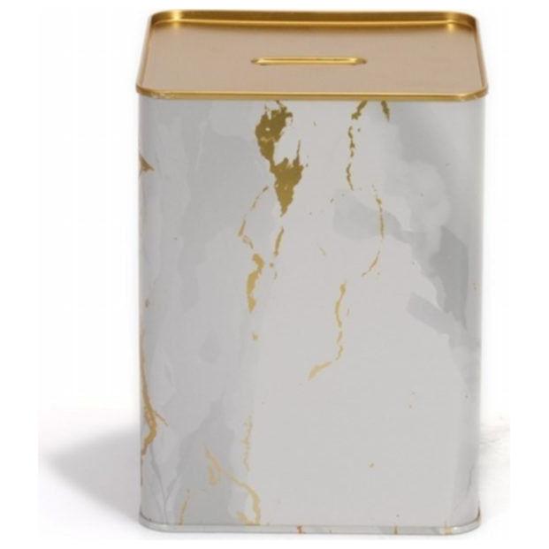 Metal Kare Kumbara 120x120x160 mm 2.1L Mermer Beyaz Altın — Mısır Kovası — Tinbox