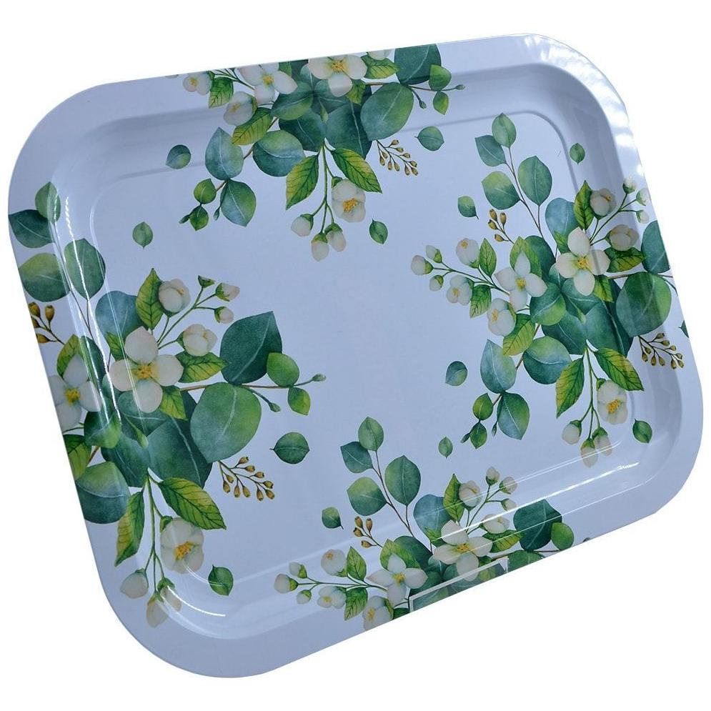 233x307 mm Metal Dikdörtgen Tepsi Yeşil yaprak beyaz çiçekli sarmaşık — Tepsiler — görsel 3 / 4 — Tinbox