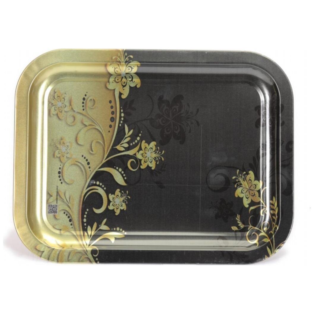 233x307 mm Metal Dikdörtgen Tepsi Çiçek Desenli Siyah Sarı — Tepsiler — Tinbox