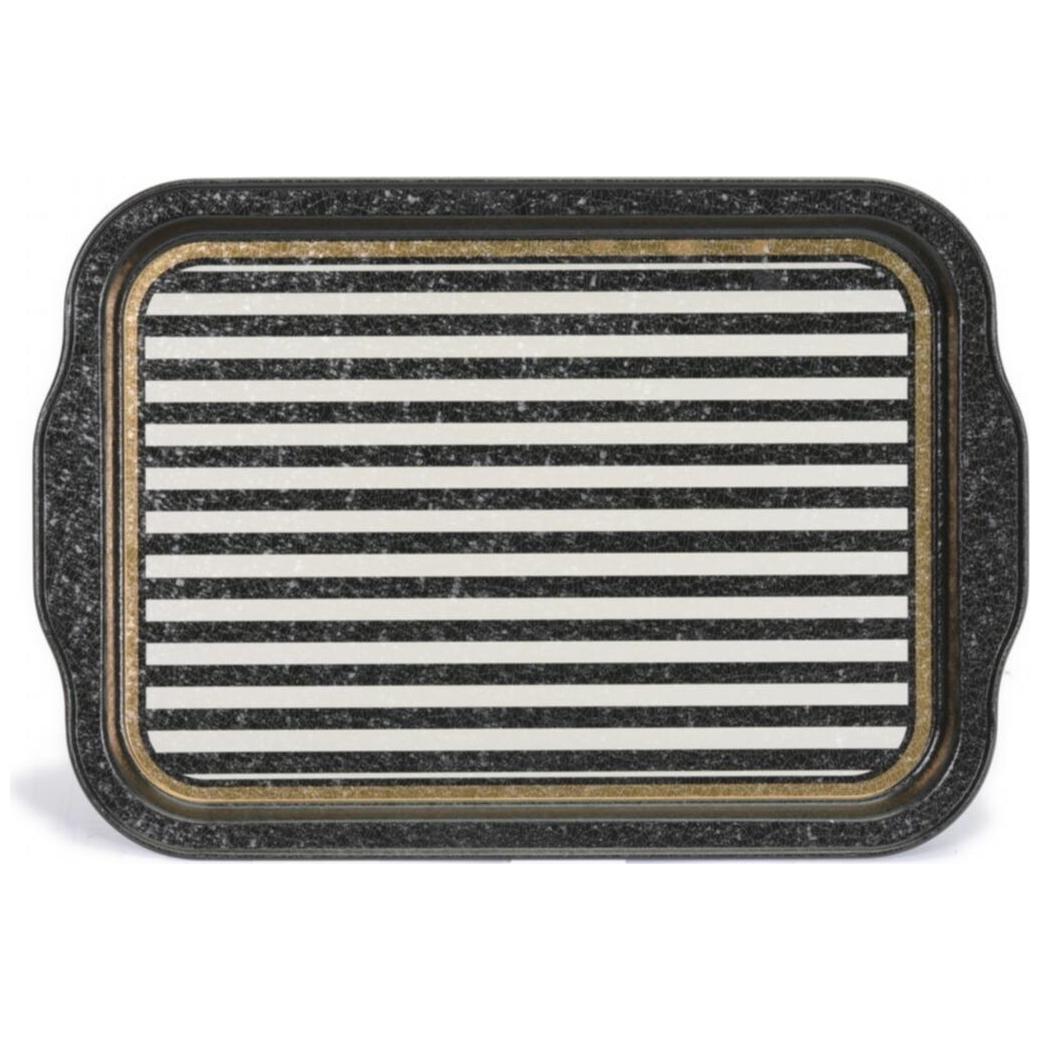215x316 mm Metal Dikdörtgen Tepsi, Saplı, Siyah Beyaz Çizgili, Tatlı Ev — Tepsiler — Tinbox