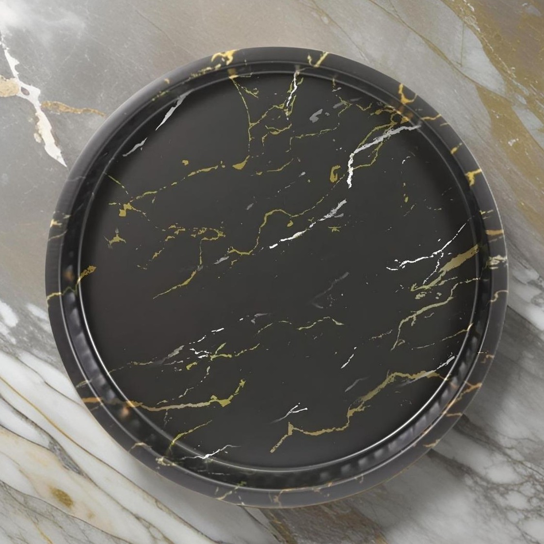 Ø370 mm Yuvarlak Metal Tepsi Mermer Siyah — Tepsiler — görsel 5 / 5 — Tinbox