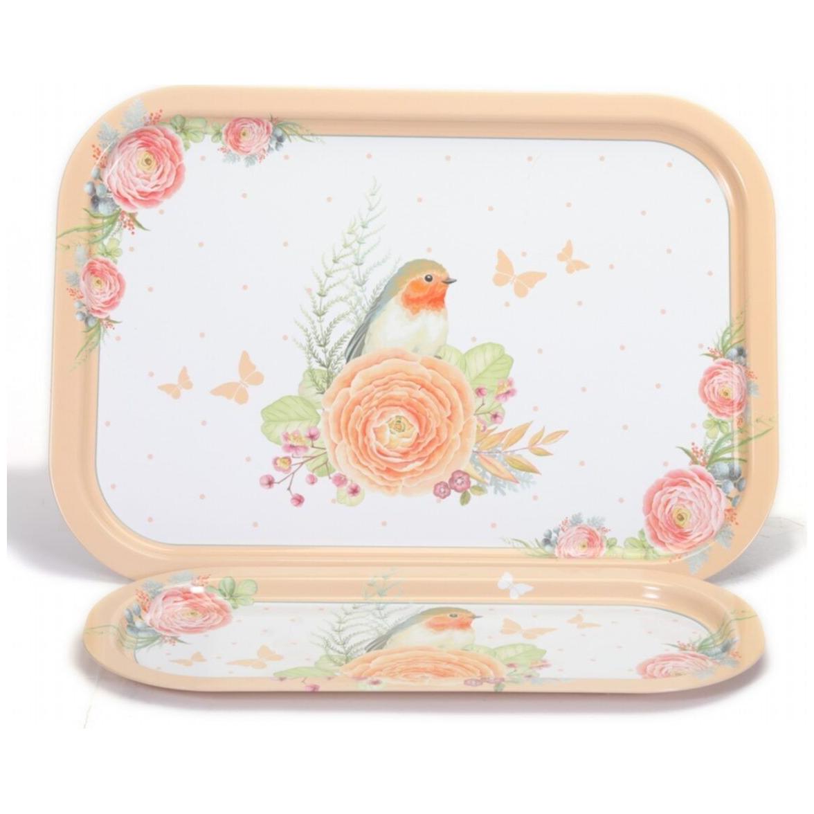 285x400 mm Dikdörtgen Metal Tepsi Pembe Roze Kuş Desenli — Tepsiler — Tinbox