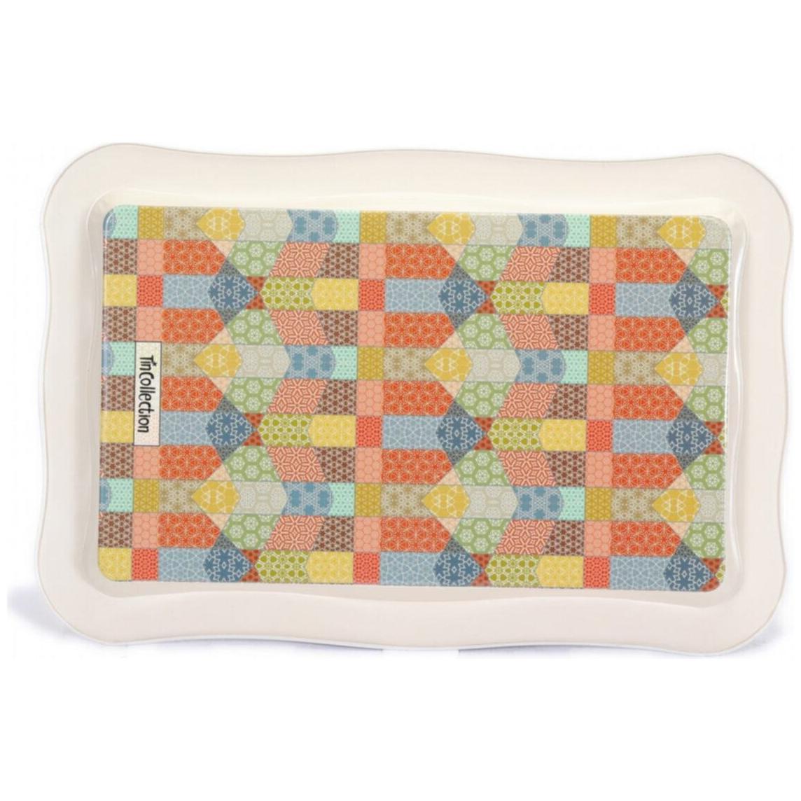 238x358 mm Dikdörtgen Metal Tepsi, Dalgalı Kenarlı Patchwork Desenli, Krem Rengi Zemin — Tepsiler — görsel 2 / 4 — Tinbox