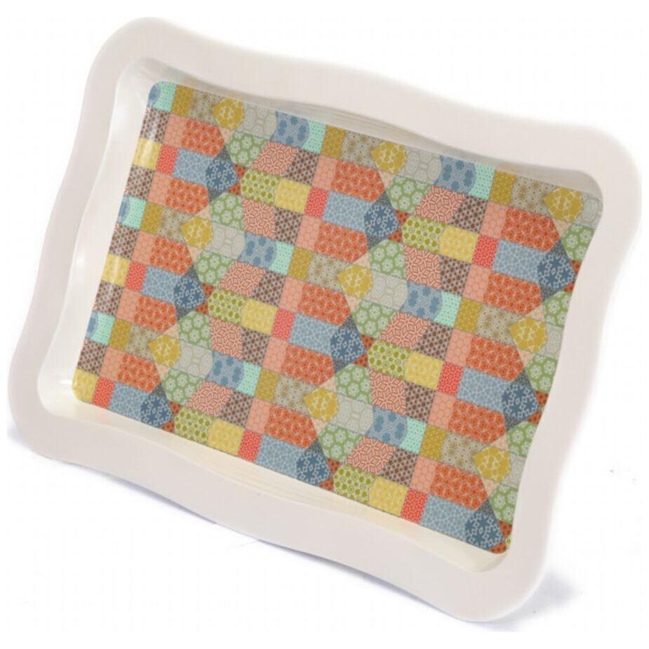 238x358 mm Dikdörtgen Metal Tepsi, Dalgalı Kenarlı Patchwork Desenli, Krem Rengi Zemin — Tepsiler — görsel 3 / 4 — Tinbox