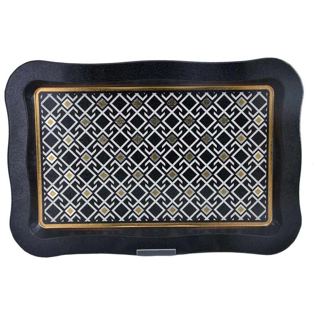 238x358 mm Dikdörtgen Metal Tepsi, Dalgalı Kenarlı, Dikişsiz Desenli, Geometrik Çizgiler, Siyah Arka Plan — Tepsiler — Tinbox