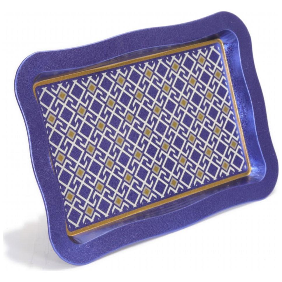 238x358 mm Dikdörtgen Metal Tepsi, Dalgalı Kenarlı, Dikişsiz Desenli, Geometrik Çizgiler, Mavi Arka Plan — Tepsiler — görs…
