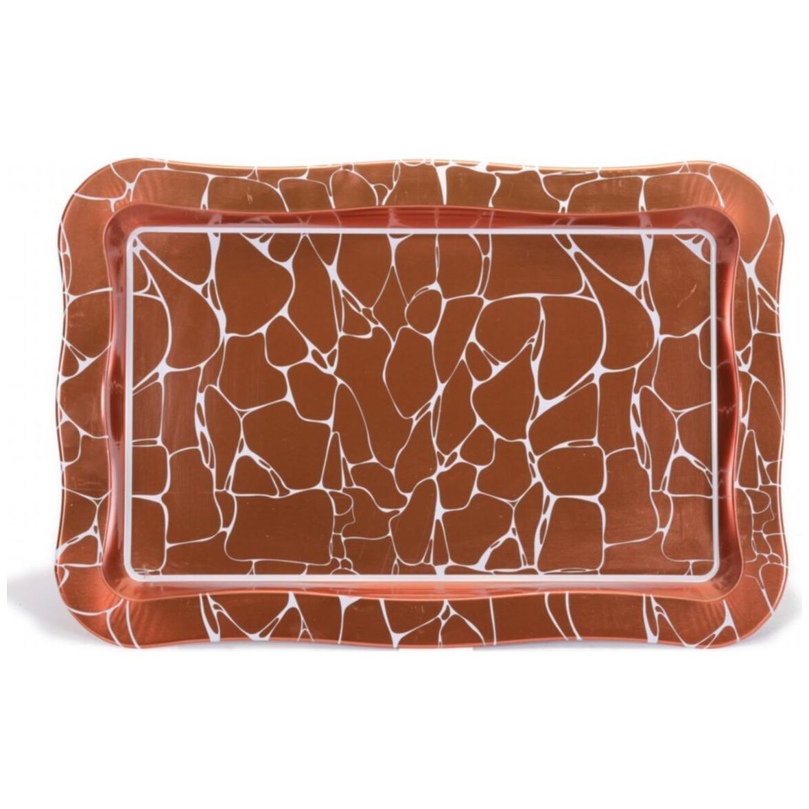 238x358 mm Dikdörtgen Metal Tepsi, Dalgalı Kenarlı, Beyaz Desenli, Kahverengi Zemin — Tepsiler — Tinbox