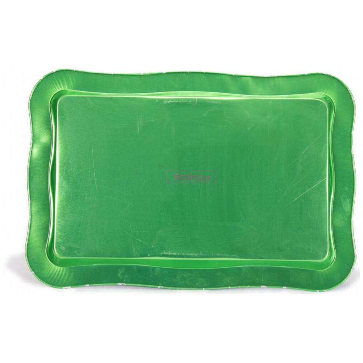 238x358 mm Dikdörtgen Metal Tepsi, Dalgalı Kenarlı, Beyaz Desenli, Yeşil Zemin — Tepsiler — Tinbox