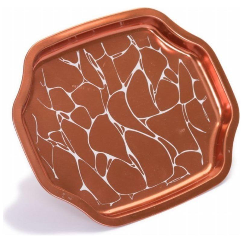 160x350 mm Dikdörtgen Metal Tepsi, Beyaz Desen, Kahverengi Zemin — Tepsiler — Tinbox