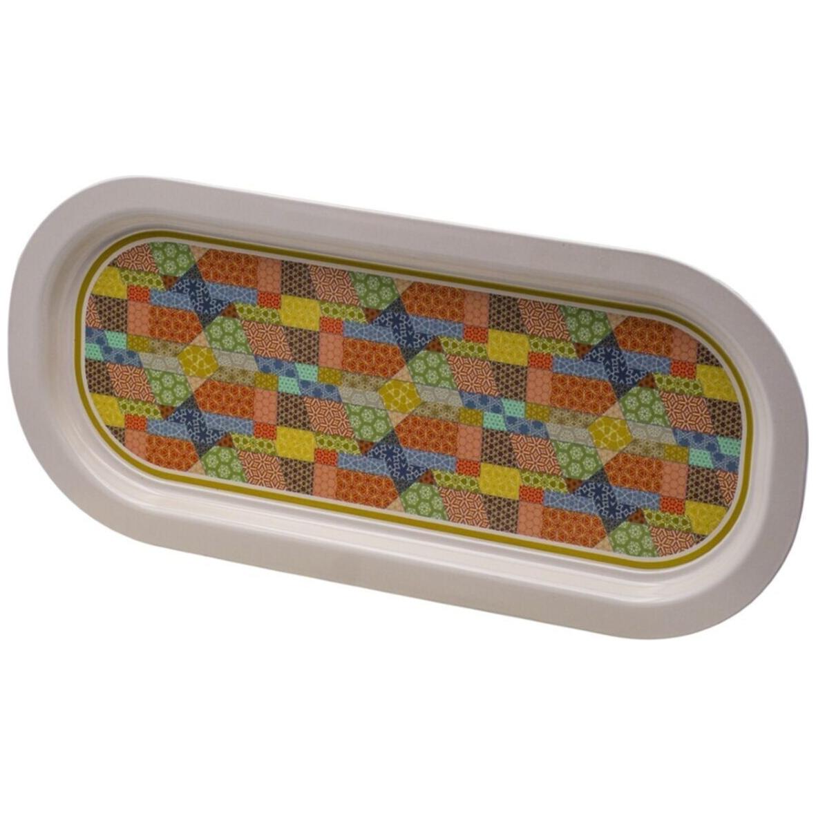 160x350 mm Dikdörtgen Metal Tepsi, Yama Desenli, Krem Rengi Arka Plan — Tepsiler — Tinbox