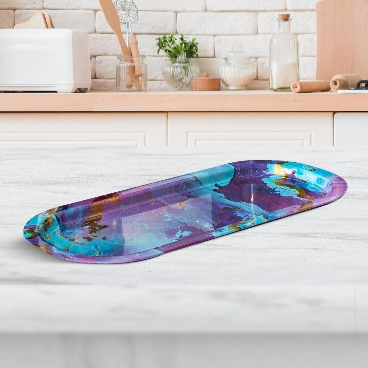 160x350 mm Dikdörtgen Metal Tepsi, Pembe ve Altın Mermer Dokulu — Tepsiler — Tinbox