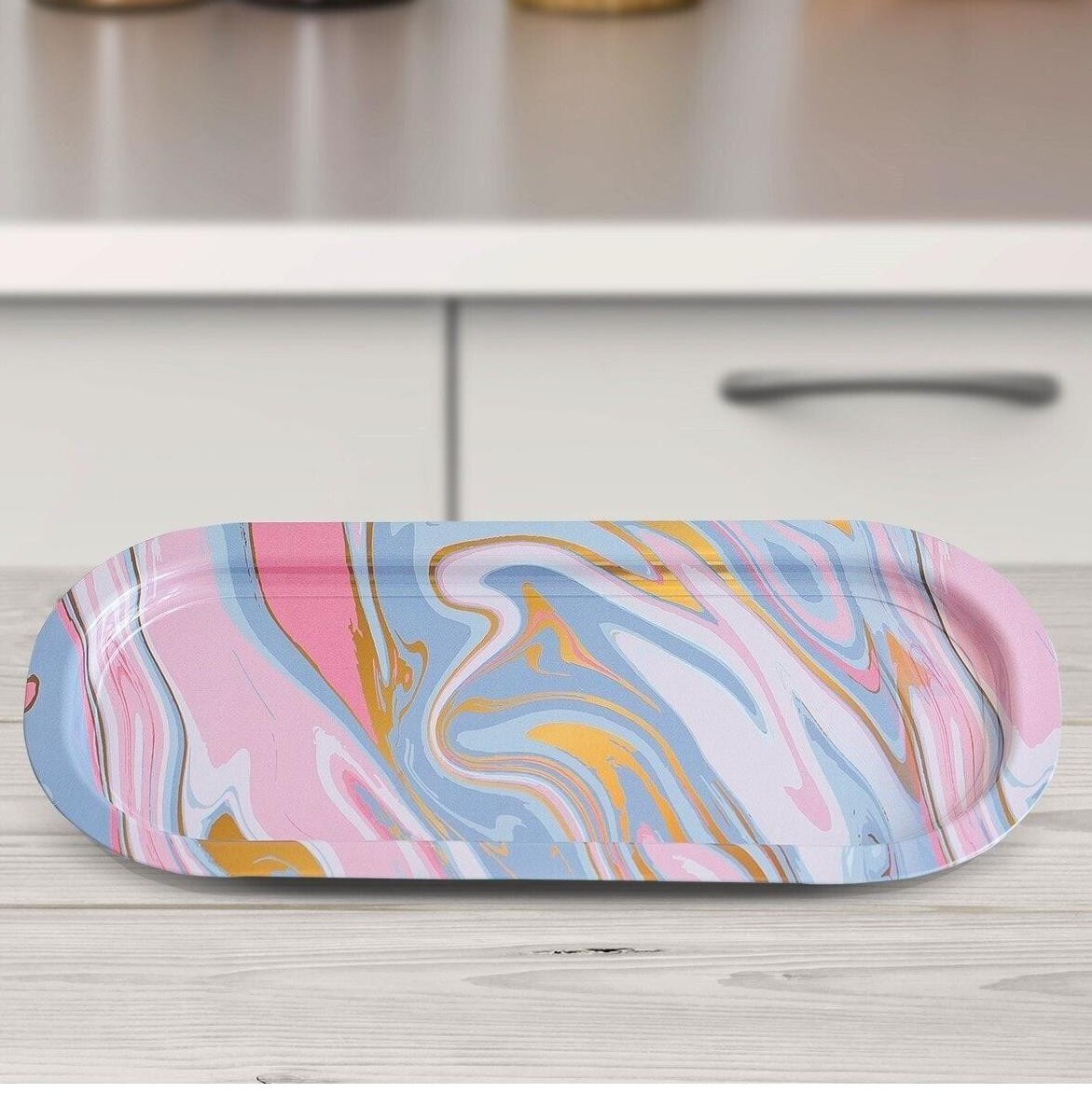 160x350 mm Dikdörtgen Metal Tepsi, Pembe ve Altın Mermer Dokulu — Tepsiler — görsel 3 / 3 — Tinbox