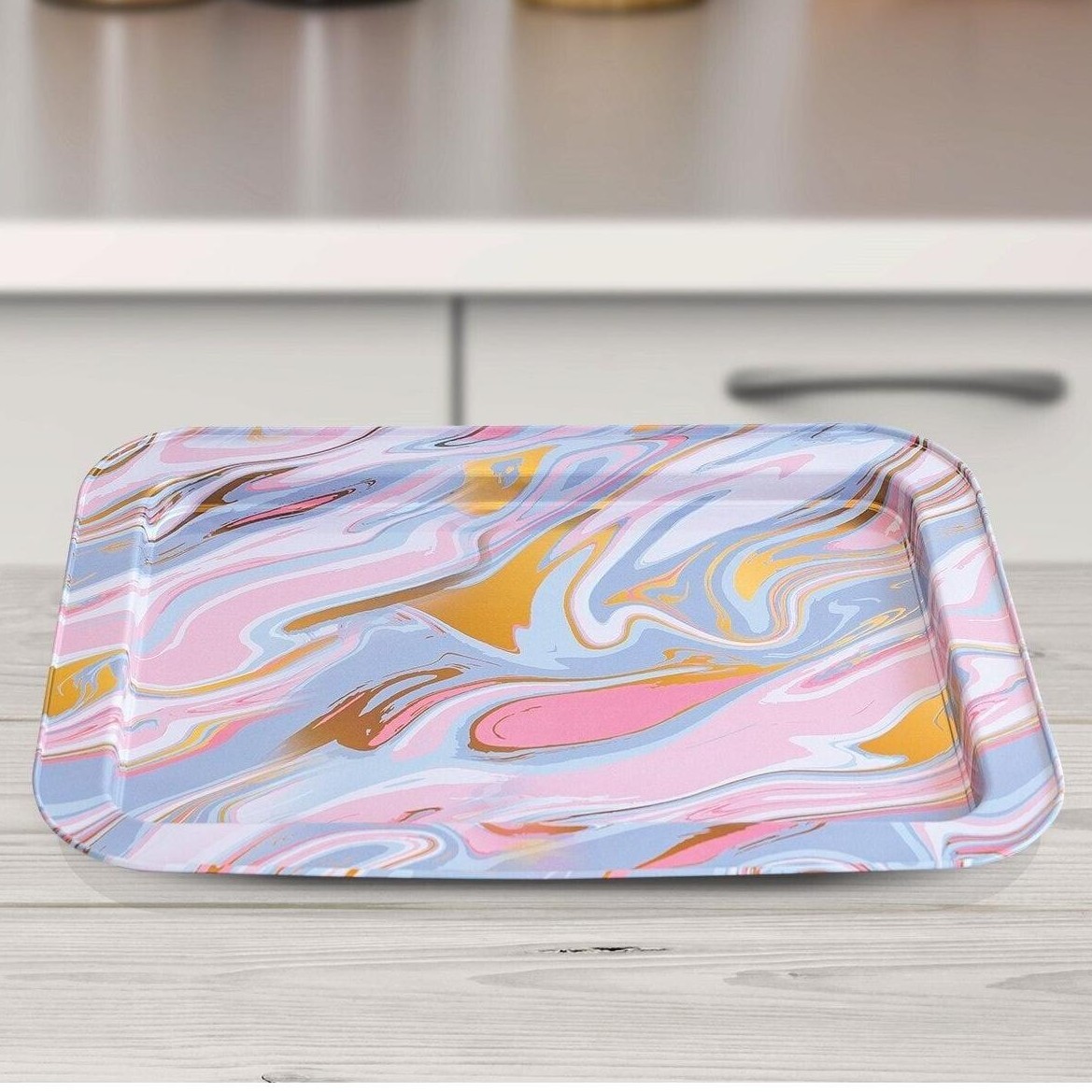 310x430 mm Metal Rectangular Tray Pink and Gold Marble Texture — Trays — view 2 of 2 — Tinbox