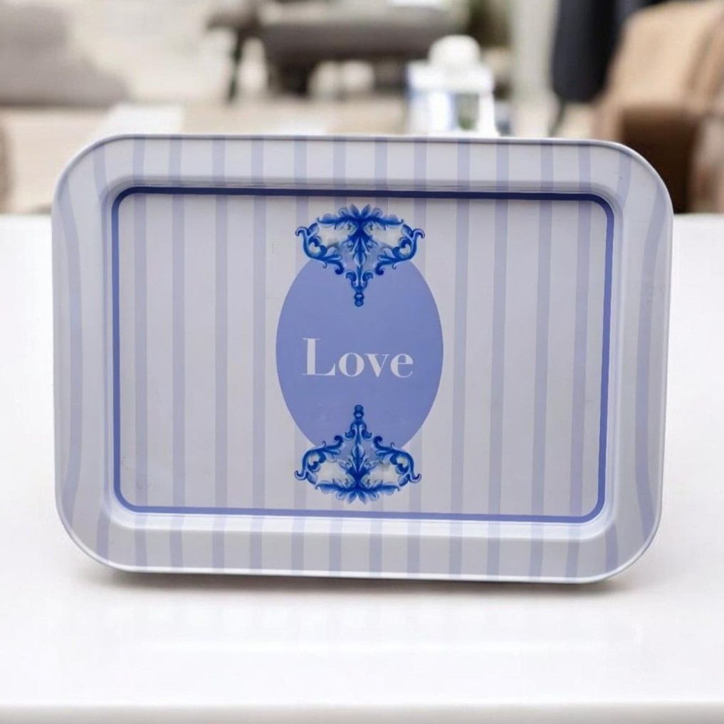 310x430 mm Metal Rectangular Tray Love Eflatun/Beyaz — Trays — Tinbox