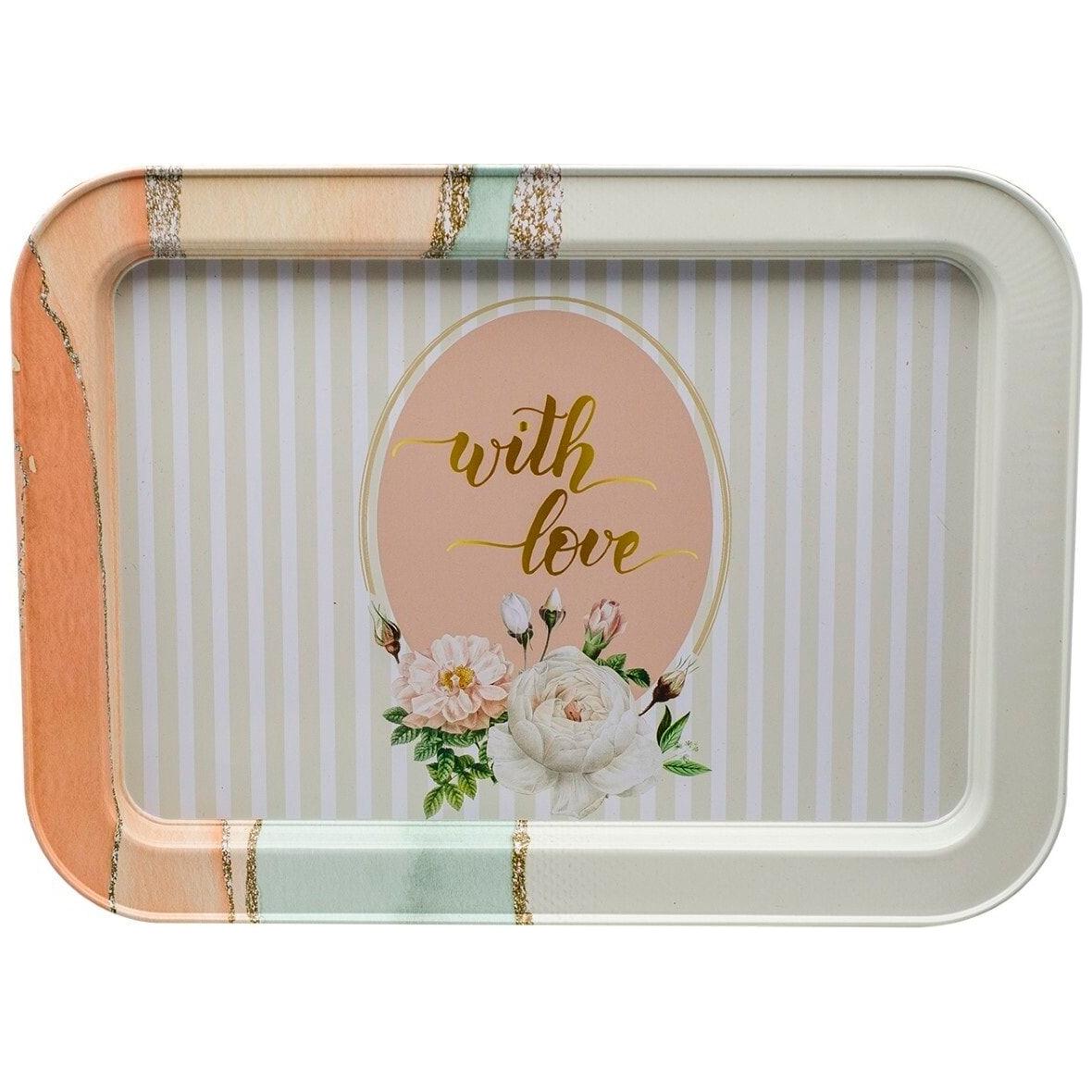 310x430 mm Metal Dikdörtgen Tepsi, Beyaz Desenli, Gül Altın Arka Plan — Tepsiler — Tinbox