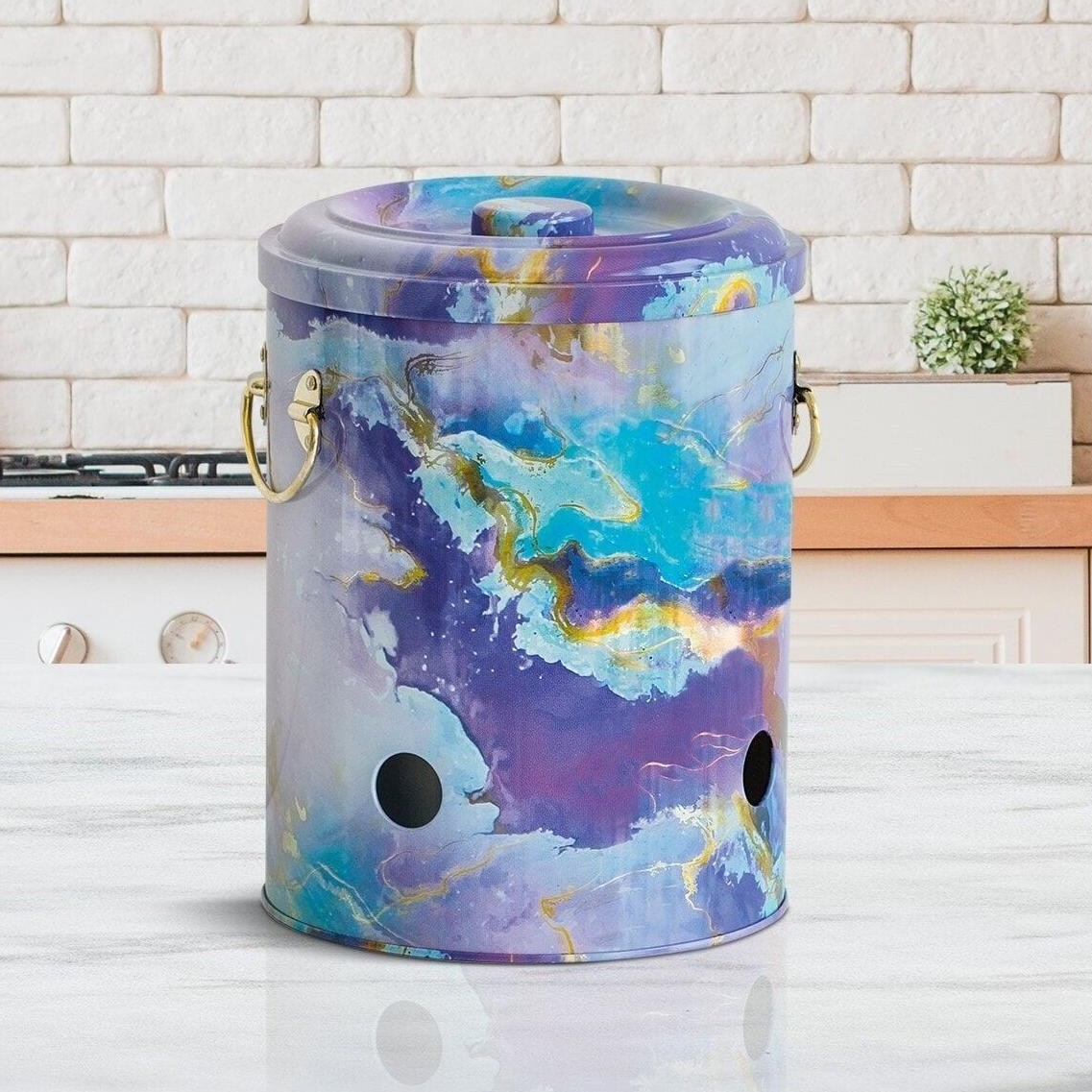 Ø175x225mm Metal Potato & Onion Storage Bin 5L Pink and Gold Marble Texture — Potato Onion Garlic Storage Containers — vie…