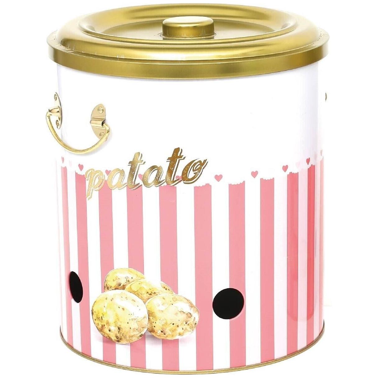 Ø225x240mm Yuvarlak Metal Teneke Kutu 9L Patates Pembe Çizgili Arka Plan — Patates Soğan ve Sarımsak Saklama Kabı — görsel…