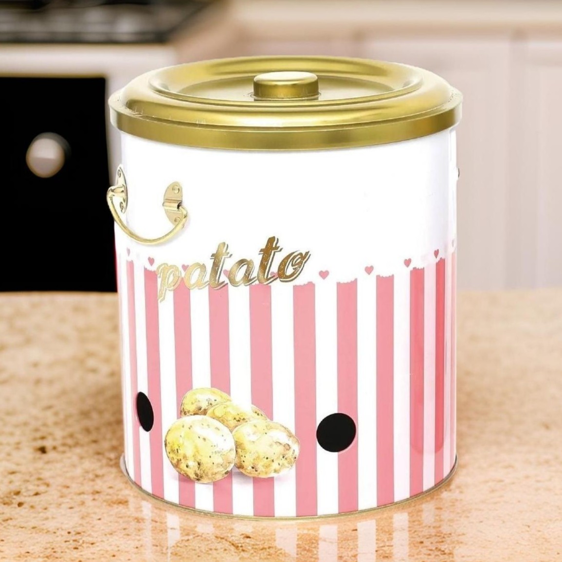 Ø225x240mm Yuvarlak Metal Teneke Kutu 9L Patates Pembe Çizgili Arka Plan — Patates Soğan ve Sarımsak Saklama Kabı — Tinbox