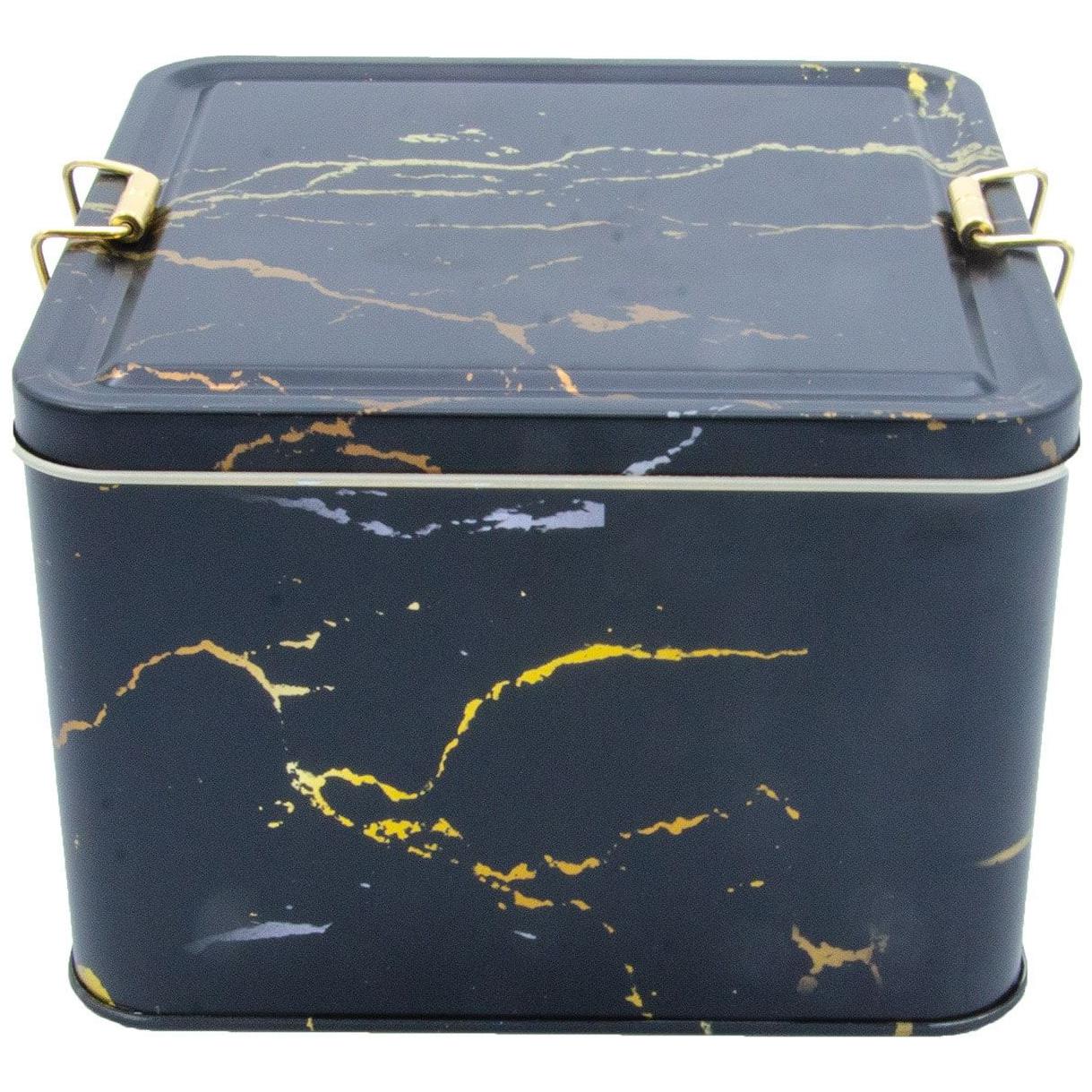 158x158x110 mm Kare Metal Saklama Kutusu 2,5 L Tel Kilitli ve Şeffaf Kapaklı Mermer Siyah — Kare Kutular — Tinbox
