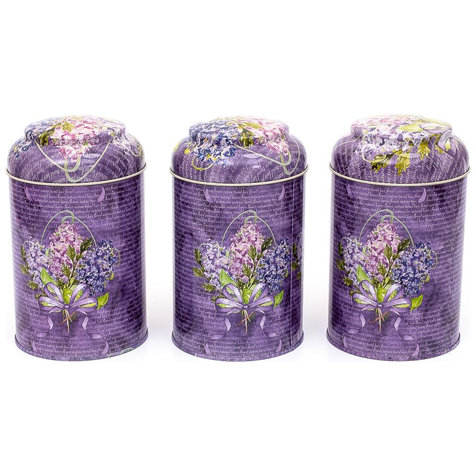 Ø105 x 150 mm Yuvarlak Metal Saklama Kutusu Seti (3'lü Set) Kubbeli Kapaklı Mor Çiçek Desenli — Kutu Setleri — Tinbox