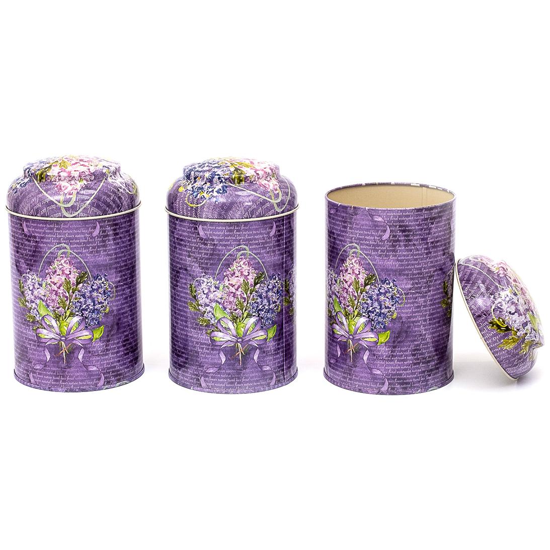 Ø105 x 150 mm Yuvarlak Metal Saklama Kutusu Seti (3'lü Set) Kubbeli Kapaklı Mor Çiçek Desenli — Kutu Setleri — görsel 2 / …