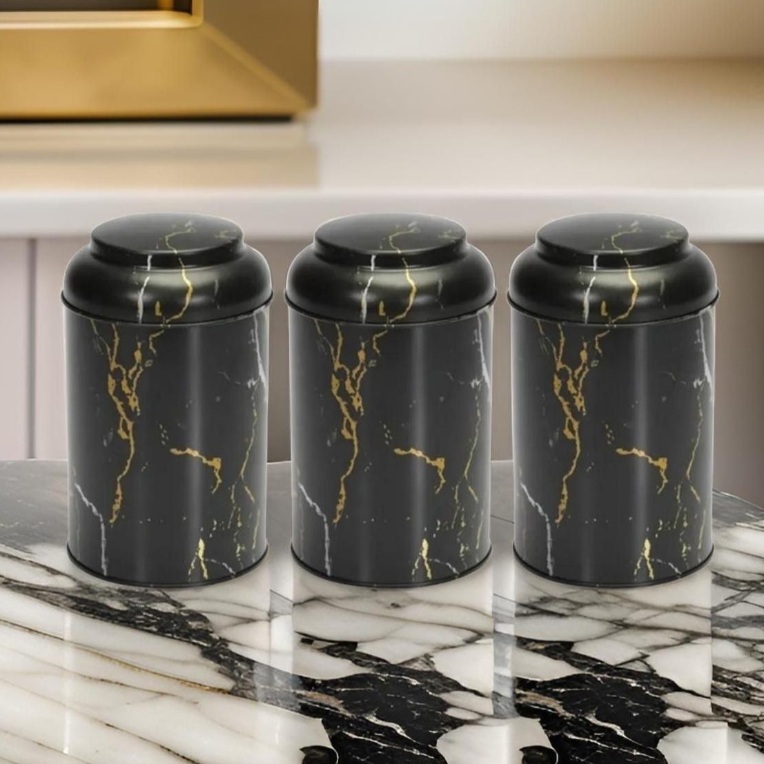 Ø105 x 150 mm Yuvarlak Metal Saklama Kutusu Seti (3'lü Set) Kubbeli Kapaklı Mermer Siyah Tasarım — Kutu Setleri — Tinbox