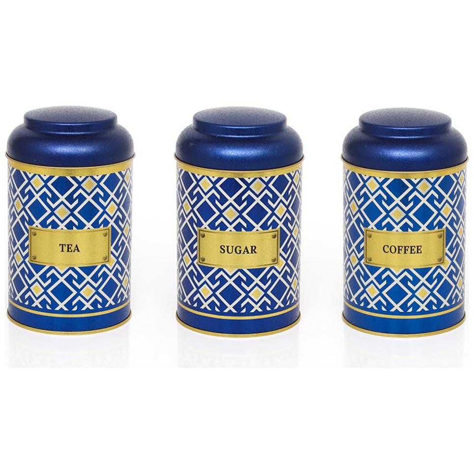 Ø105 x 150 mm Round Metal Storage Box Set ( Set of 3) Dome Lid Seamless Pattern Design Geometric Lines Blue Background Tur…