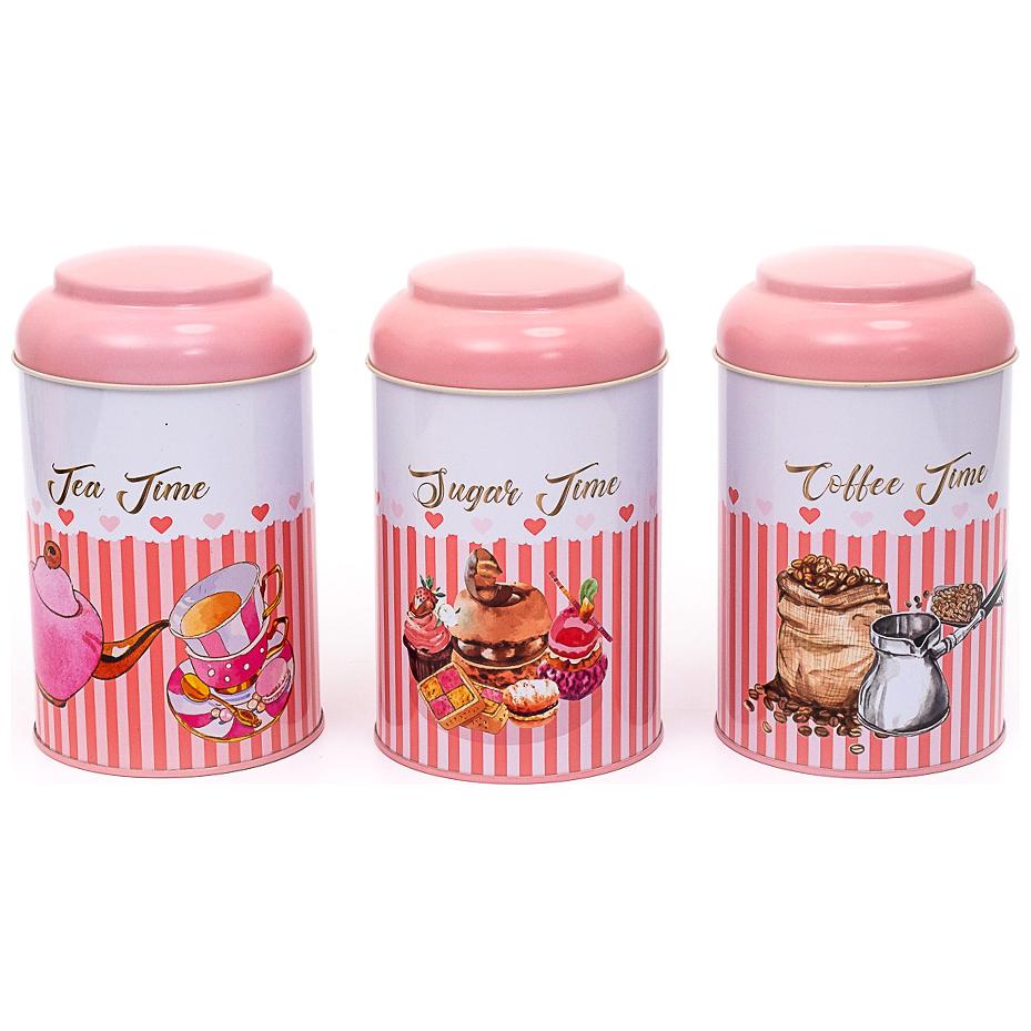 Ø105 x 150 mm Yuvarlak Metal Saklama Kutusu Seti (3'lü Set) Kubbeli Kapak, Pembe Zemin, Benekli Desen — Kutu Setleri — Tinbox