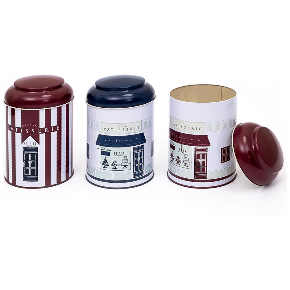 Ø105 x 150 mm Yuvarlak Metal Saklama Kutusu Seti (3'lü Set) Kubbeli Kapaklı Bordo Kırmızı ve Beyaz Çizgili Pastane Tasarım…