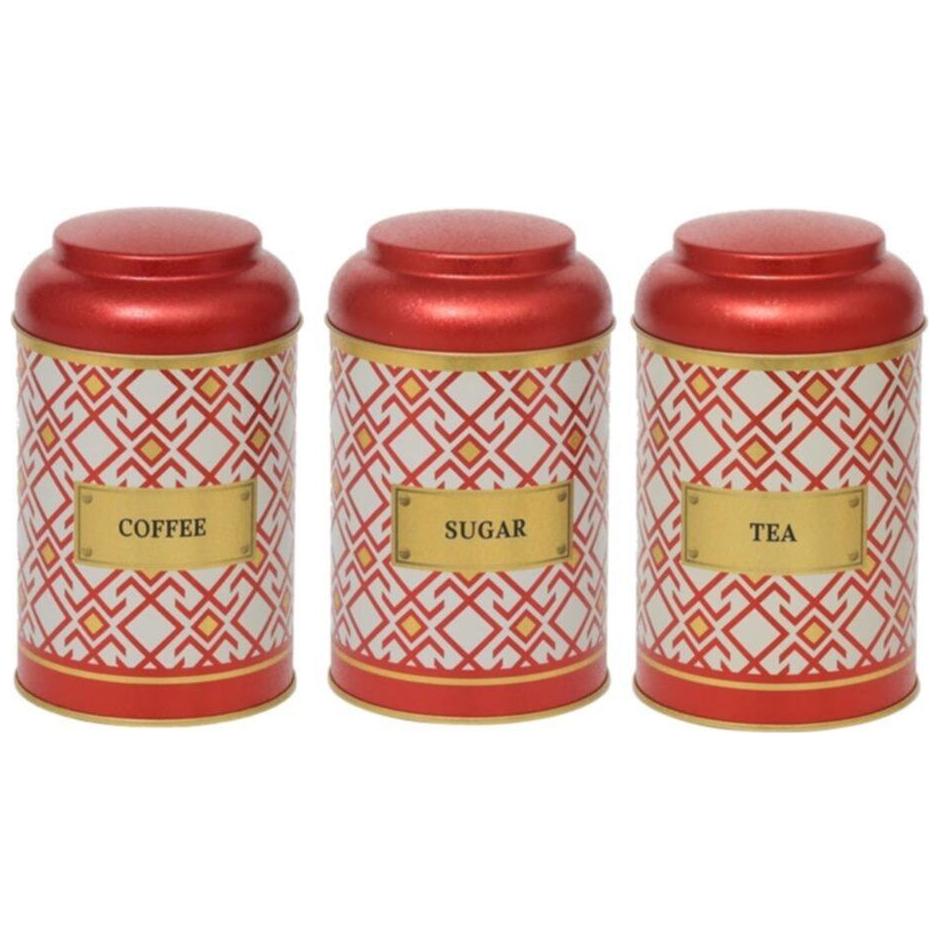 Ø105 x 150 mm Yuvarlak Metal Saklama Kutusu Seti (3'lü Set) Kubbeli Kapaklı Dikişsiz Desenli Geometrik Çizgiler Kırmızı Ar…