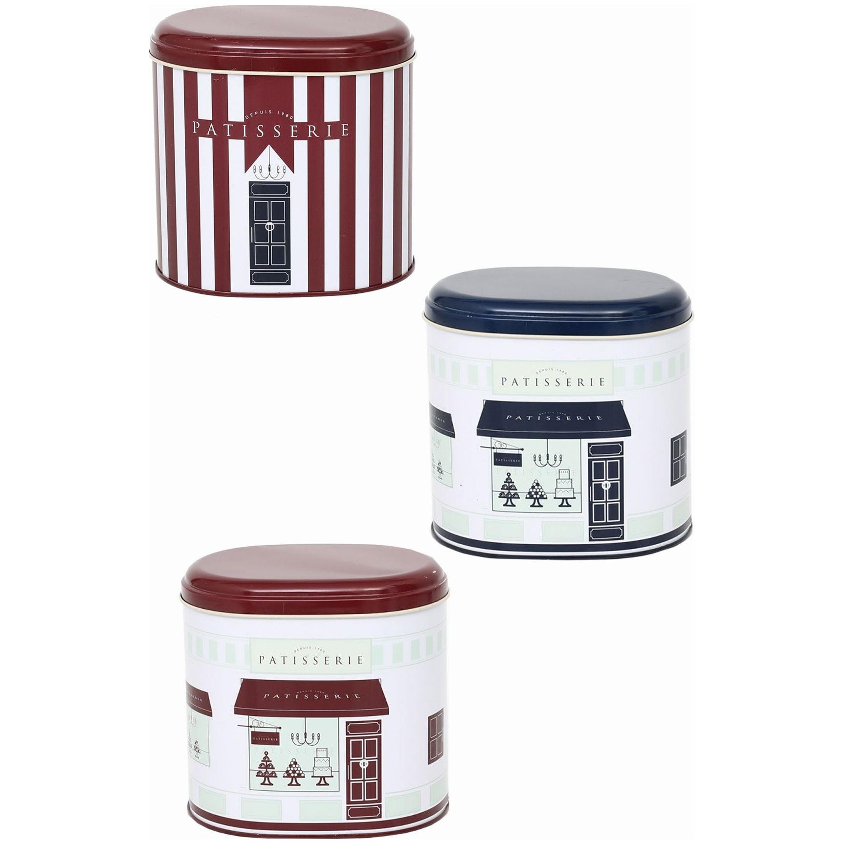 3 Pcs Round Tin Box Kitchen Set Dome Lid Claret Red and White Line Patisserie Design — Box Sets — Tinbox
