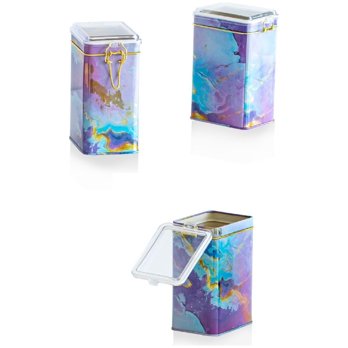 Rectangular Metal Box set 75x100x150 mm (3 Pcs ) Wire Clasp and Transparent Lid Pink and Gold Marble Texture Liquid Purple…