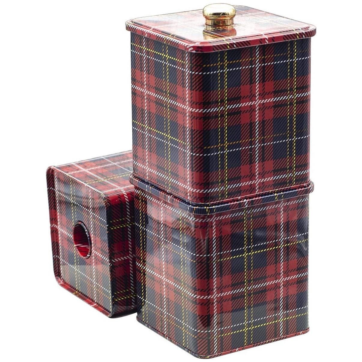 Kare Metal Teneke Kutu Seti 120x120 mm (3'lü Set) Topuzlu Kulplu Ekose Desenli — Kutu Setleri — görsel 2 / 5 — Tinbox