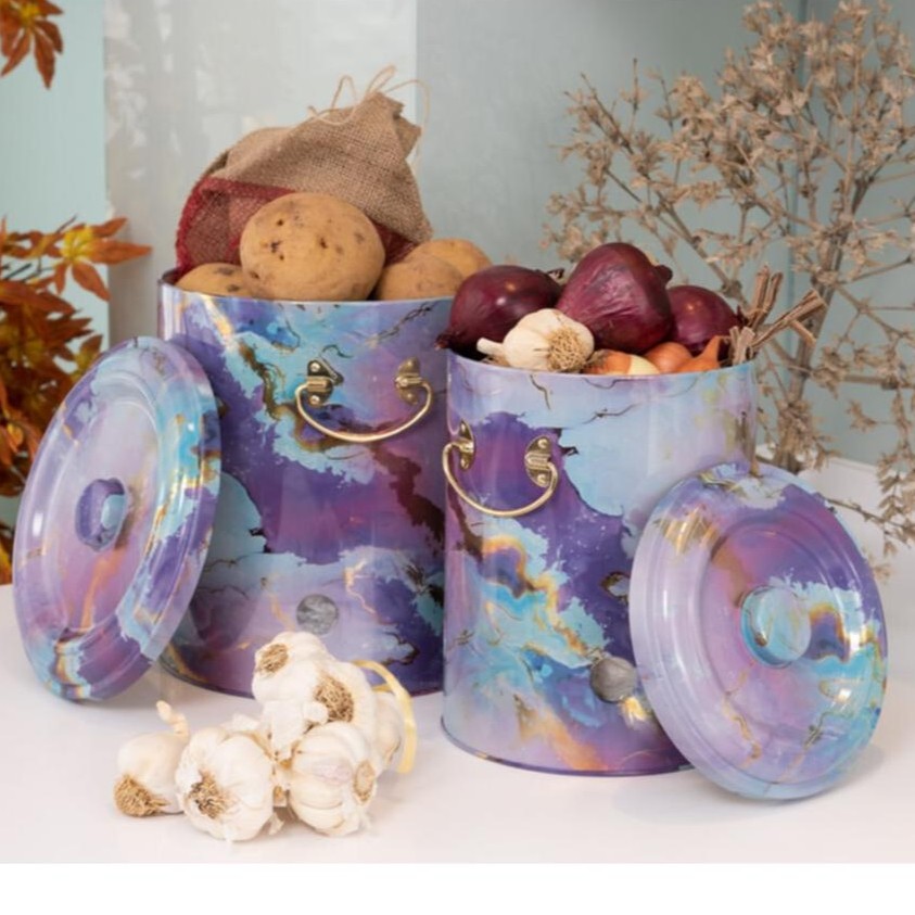 Metal Potato & Onion Storage Bin Set Ø225x240 mm (2 Pcs ) Pink and Gold Marble Texture Liquid Purple Design — Box Sets — v…