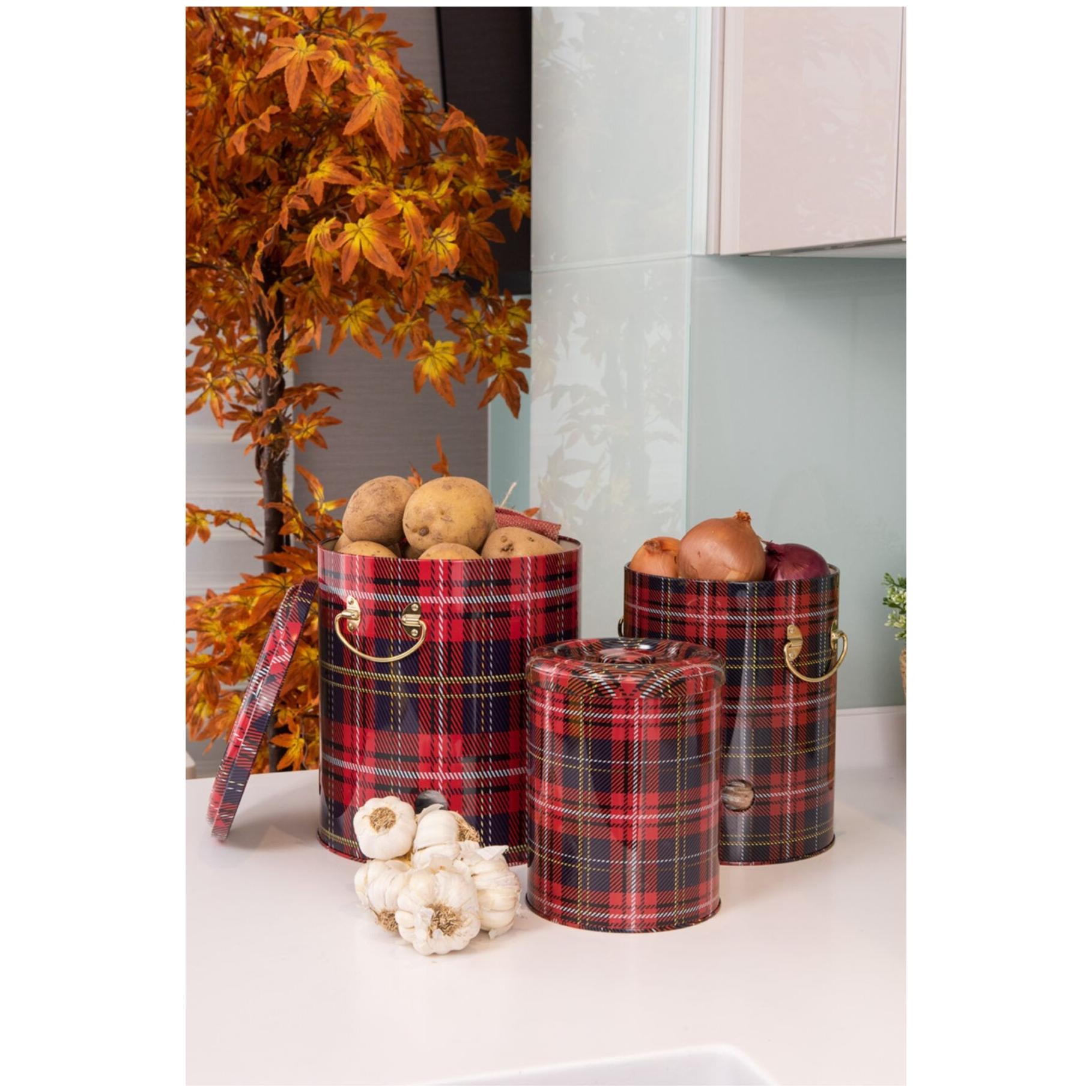 Triple Metal Bin Set for Potato Onion and Garlic (3 Pcs) Plaid Plaid Design — Box Sets — Tinbox